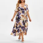 Женское пляжное платье макси, длинное платье с V-образным вырезом, коротким рукавом, цветочным принтом и оборками, лето 2021