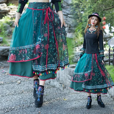 

Summer High Waist Vintage Gauze Tassel Skirts Womens Embroidery Ethnic Style Long Skirts Elegant Plus Size Skirt Woman