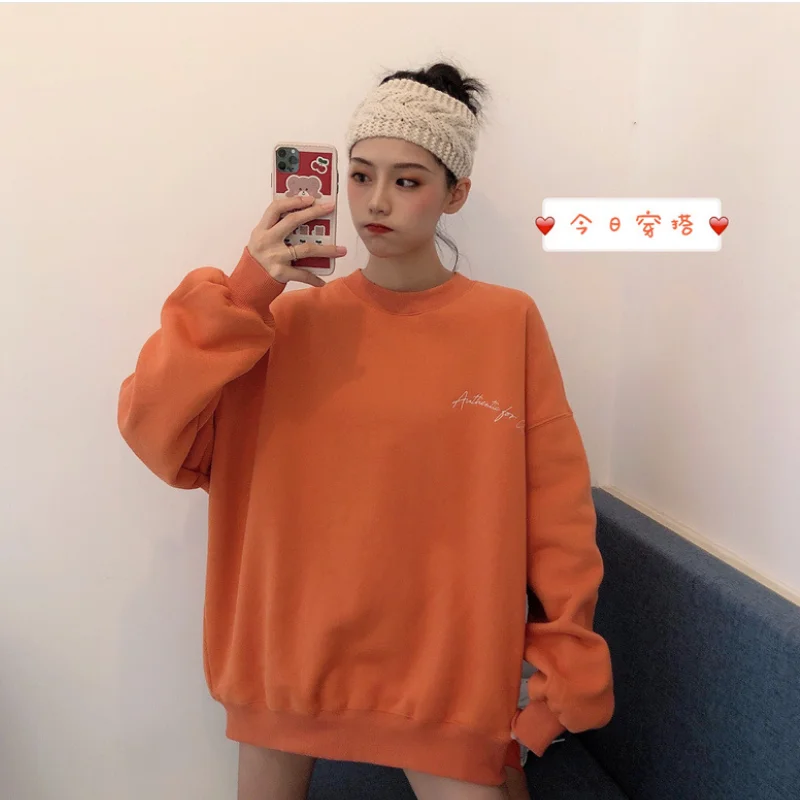 

Autumn Winter Women Hoodies Solid Color Plus Velvet Round Neck Loose Long-sleeved Fashion Casual Vintage Pullovers Female Top