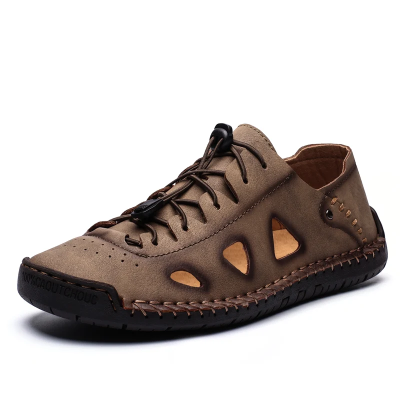 

Men Shoes Summer Handmade Leather Hollow out Sandals Outdoor Beach Classic Casual Shoes Anti-slip Hiking Sneakers Plus Size