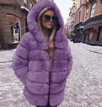 purple color Женское зимнее пальто из искусственного меха, удобная куртка с открытым передом и капюшоном, плотная однотонная теплая верхняя одежда с длинным рукавом, пальто размера плюс - Цвет: purple color