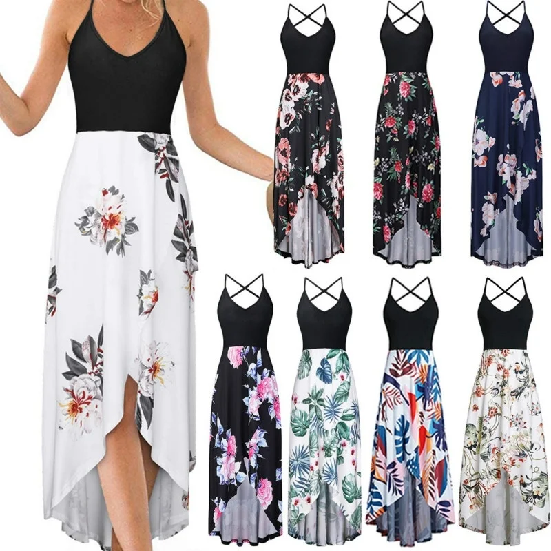 

Women Summer Floral Printed Sleeveless Dress Sling Dress V-neck Backless Dress