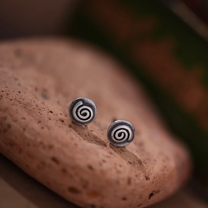 S925 Серебро Изысканный Ретро стиль круглые серьги-гвоздики для мужчин и женщин