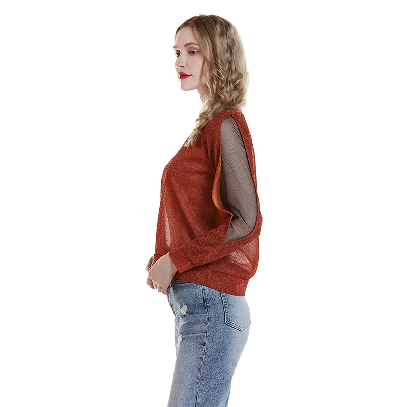 Новинка 2019 женская футболка нарезка сетки перспектива флэш Шелковый пуловер с