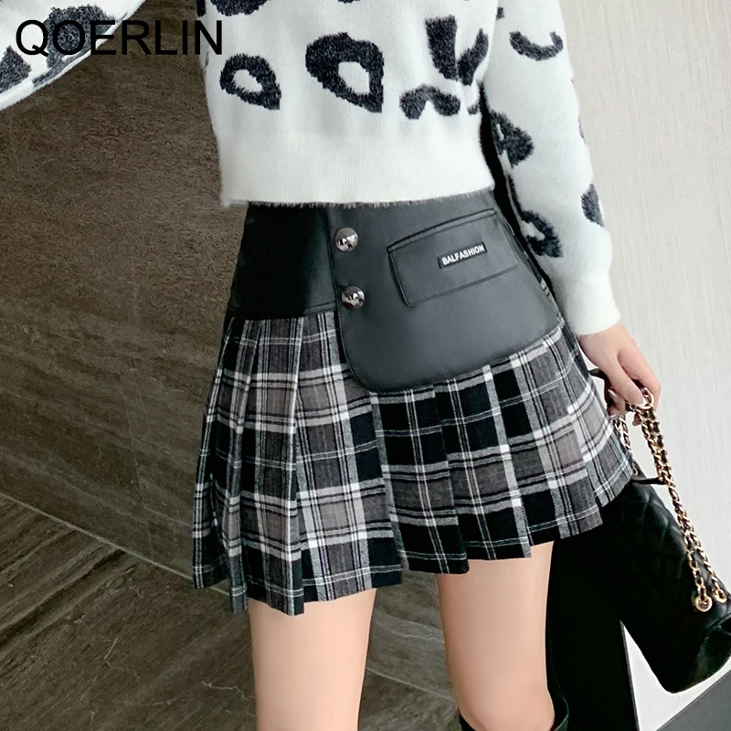 

QOERLIN Fall Winter PU Leather Skirts New Korean Style Slim Short Skirt Female Plaid Patchwork High Waist Pleated A-Line Skirt