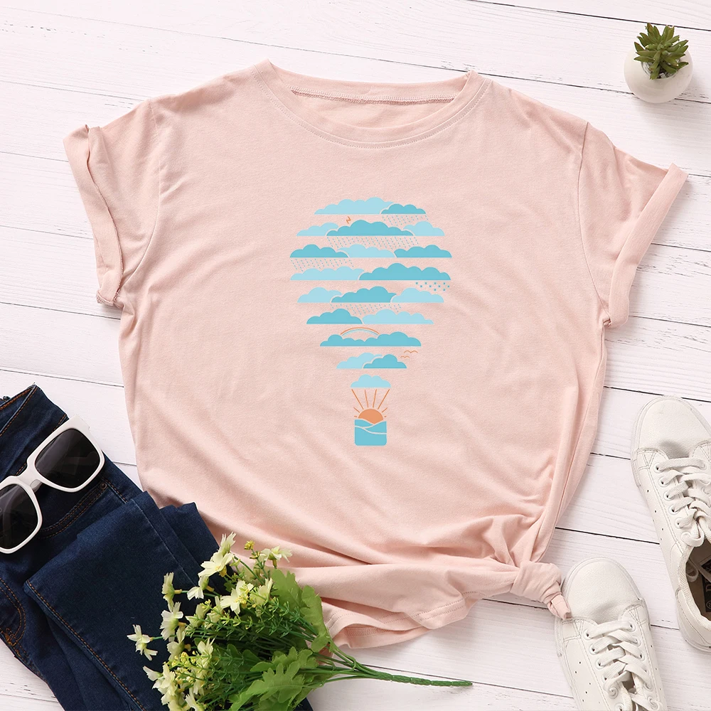 

Summer Plus Size Clothing S-5XL New Weather Hot Air Balloon Print T Shirt Women 100%Cotton O Neck Short Sleeve Tees Black Tops