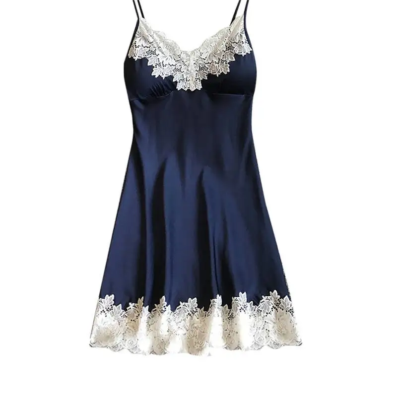 Sexy Women lingerie Sleepwear Dress Women's Dark Blue Satin Lace Comfortable Lingerie Silky Underwear Nightdress Pijamas 661SQ10 | Женская