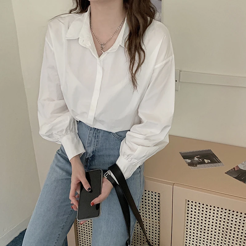 

Autumn Lantern Sleeve Women Blouse Single Breasted Polo Collar Office Lady White Shirt Work Solid Clothes