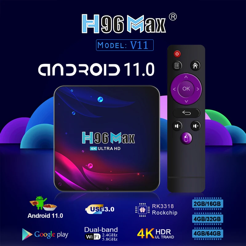 

Приставка Смарт-ТВ H96 MAX V11, Android 11, четырехъядерный процессор RK3318, 2,4G/5,8G, 4 Гб, 32 ГБ, 64 ГБ, USB3.0, Wi-Fi, BT4.0, 4K, HD медиаплеер, ТВ-приставка