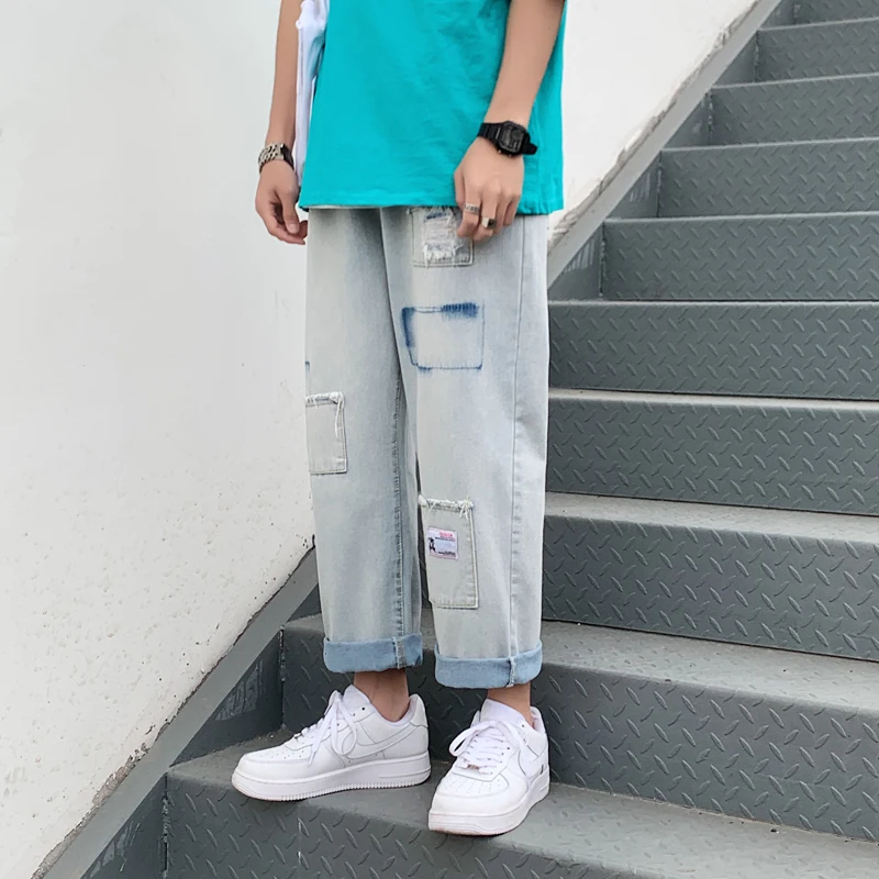 

Harajuku wind hole jeans men's thin summer loose straight ankle-length pants Tide brand fashion patch beggar pants