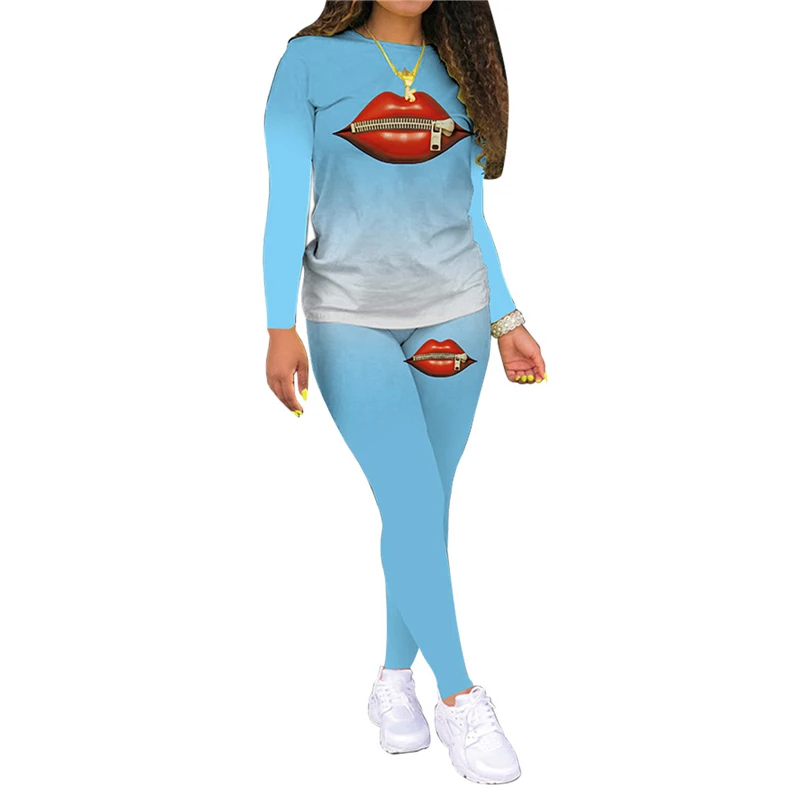 

Женский спортивный костюм, футболка с градиентным принтом в виде губ, с круглым вырезом и штаны с высокой талией, женские костюмы
