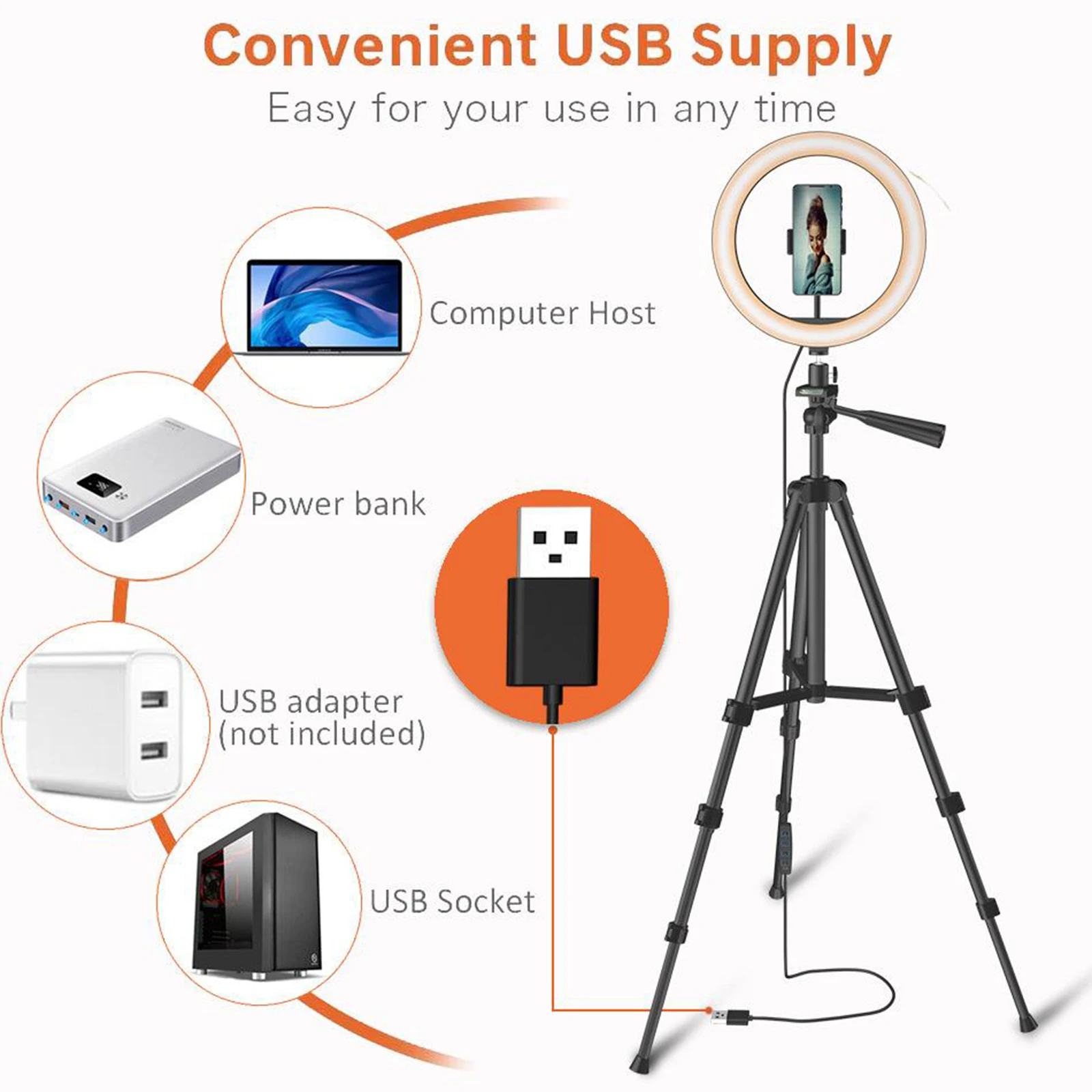 

11 Inch LED Ring Light Dimmable USB Selfie Filled Light 3 Modes and 10 Brightness Levels with Phone Holder and Tripod