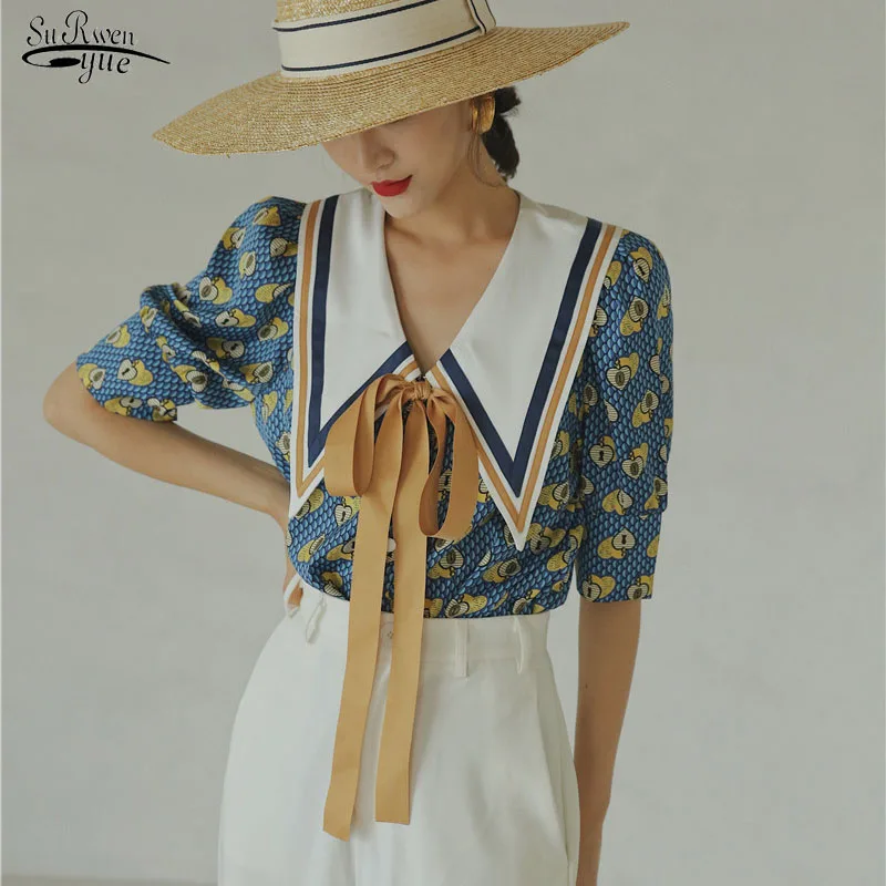 Женская винтажная блузка с пышными рукавами голубая свободная дизайнерская