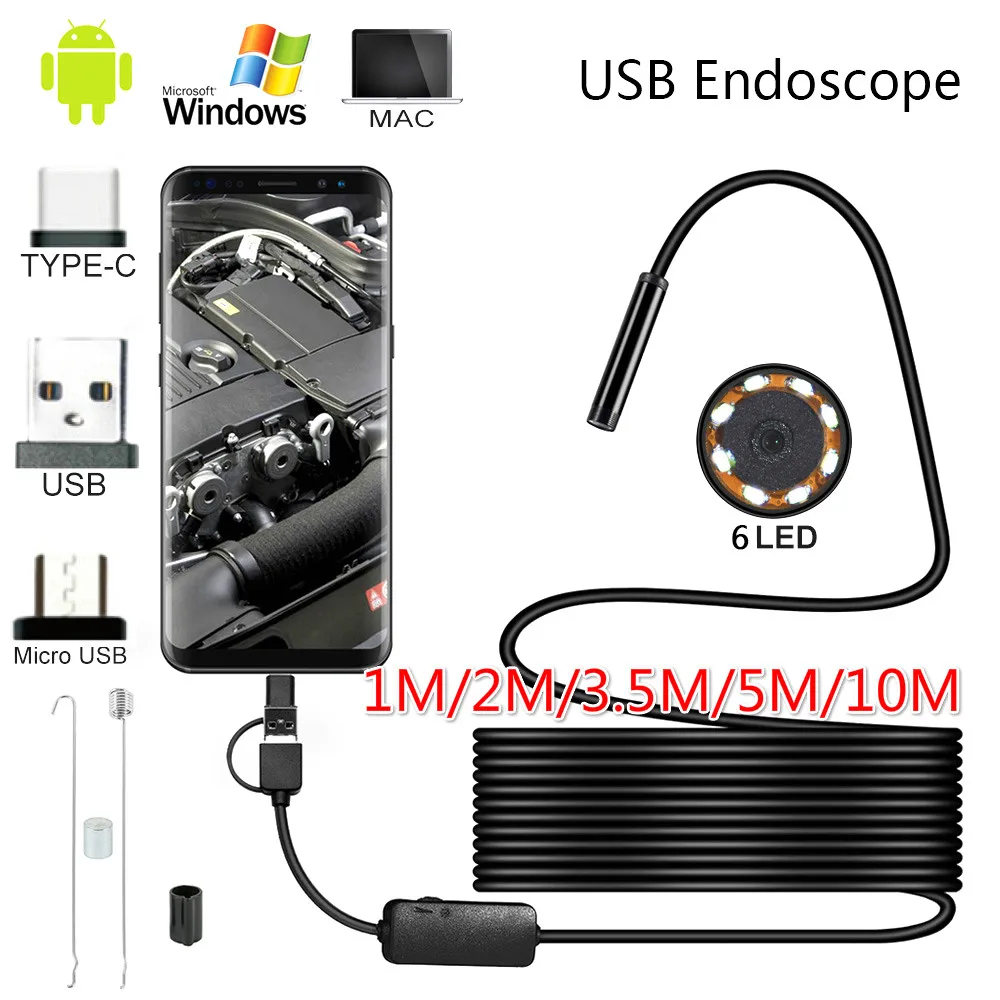 

10M 5.5 mm lens Camera Endoscope HD IP67 1M 2M 5M Hard Tube Mirco USB Type-C Borescope Video Inspection for Android Endoscope