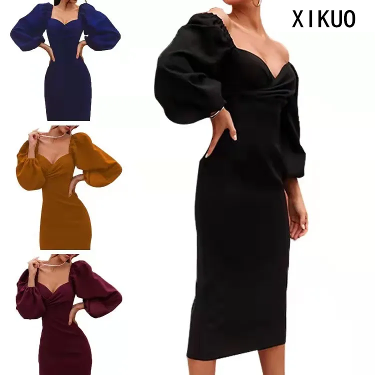 

Ladies 2021 Temperament Dress Skirt Mid-length Waist Waist Puff Sleeve Sexy Long-sleeved Dress