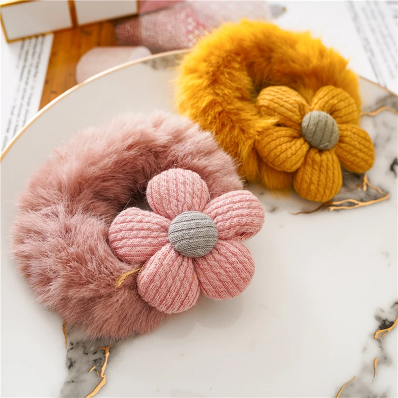 

Cute Flower Furry Elastic Hair Bands Korean Lovely Colorful Headbands Rope Tie Holder For Women Girls Fur Hair Accessories Plush