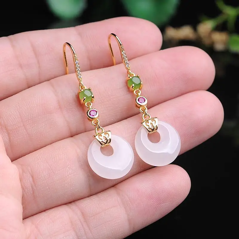 

Original Design Hetian Jade Ear Studs S925 Silver Inlaid Hetian White Jade Earrings Natural White Jade Earrings Women's Earrings