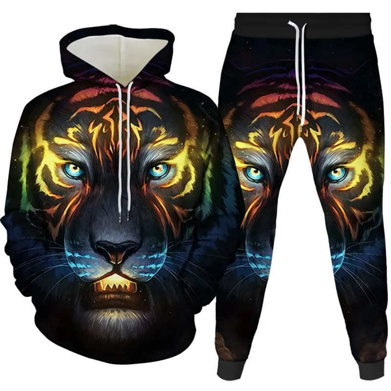 

2022 Fashion Men's Sweater Hoodie 3D Printing Trend Tiger Head Pattern Sportswear Casual Sports Pants Men's Suit Men Set