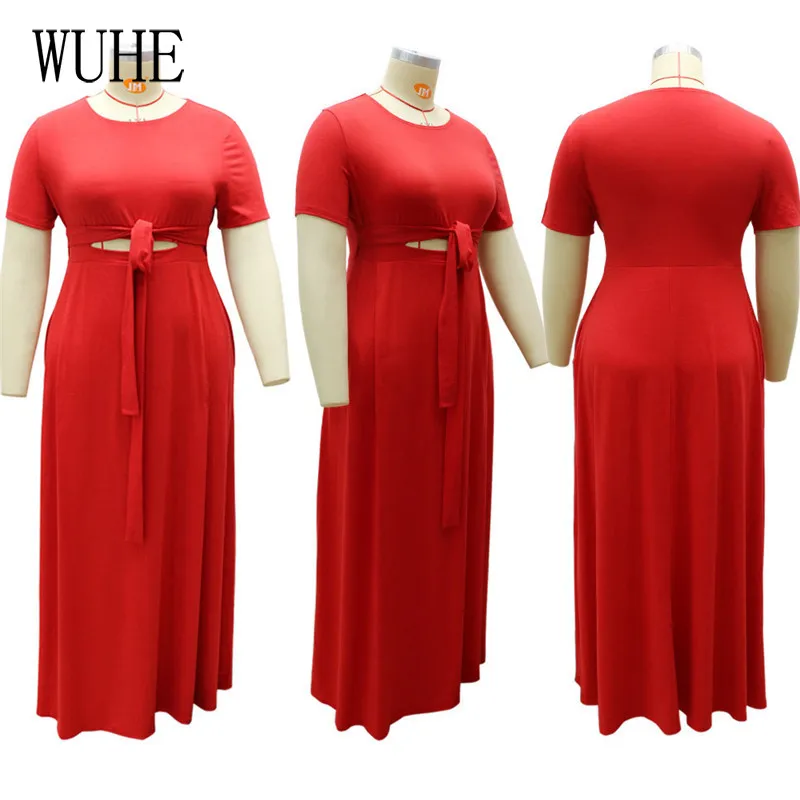 

WUHE Plus Size L-4XL Dresses Big Swing Loose Short Sleeve O Neck Lace Up Sashes Elegant Women Summer Casual Club Party Dress