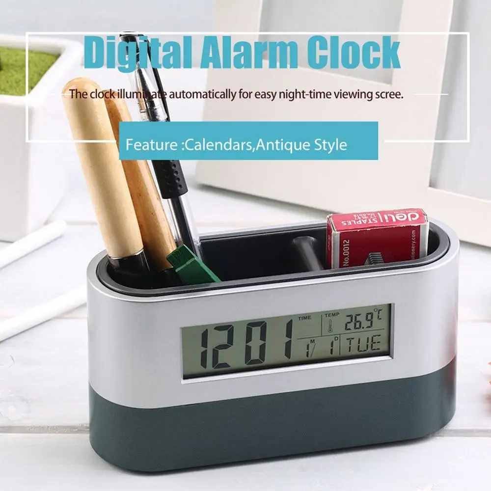 

Multifunctional Home Office Digital Snooze Alarm Clock Pen Holder Calendar temperature Display Good Quality