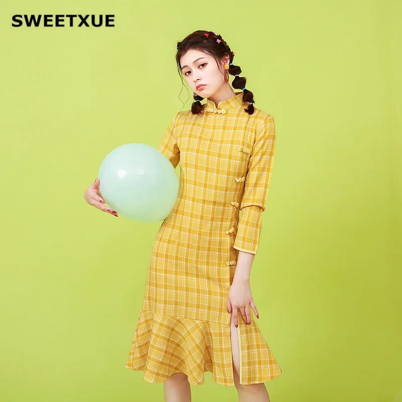 SWEETXUE современное платье Чонсам элегантный китайский стиль Осень с длинным рукавом плед Тонкий Пряжка Сплит рыбий хвост Qipao платья для вечеринок