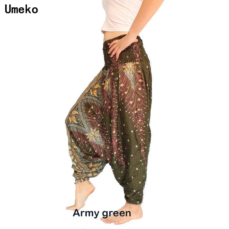 

Umeko 2020 Boho Harem новые женские модные Мешковатые Брюки Aladdin с принтом павлина в стиле хиппи, повседневные свободные брюки-фонарики