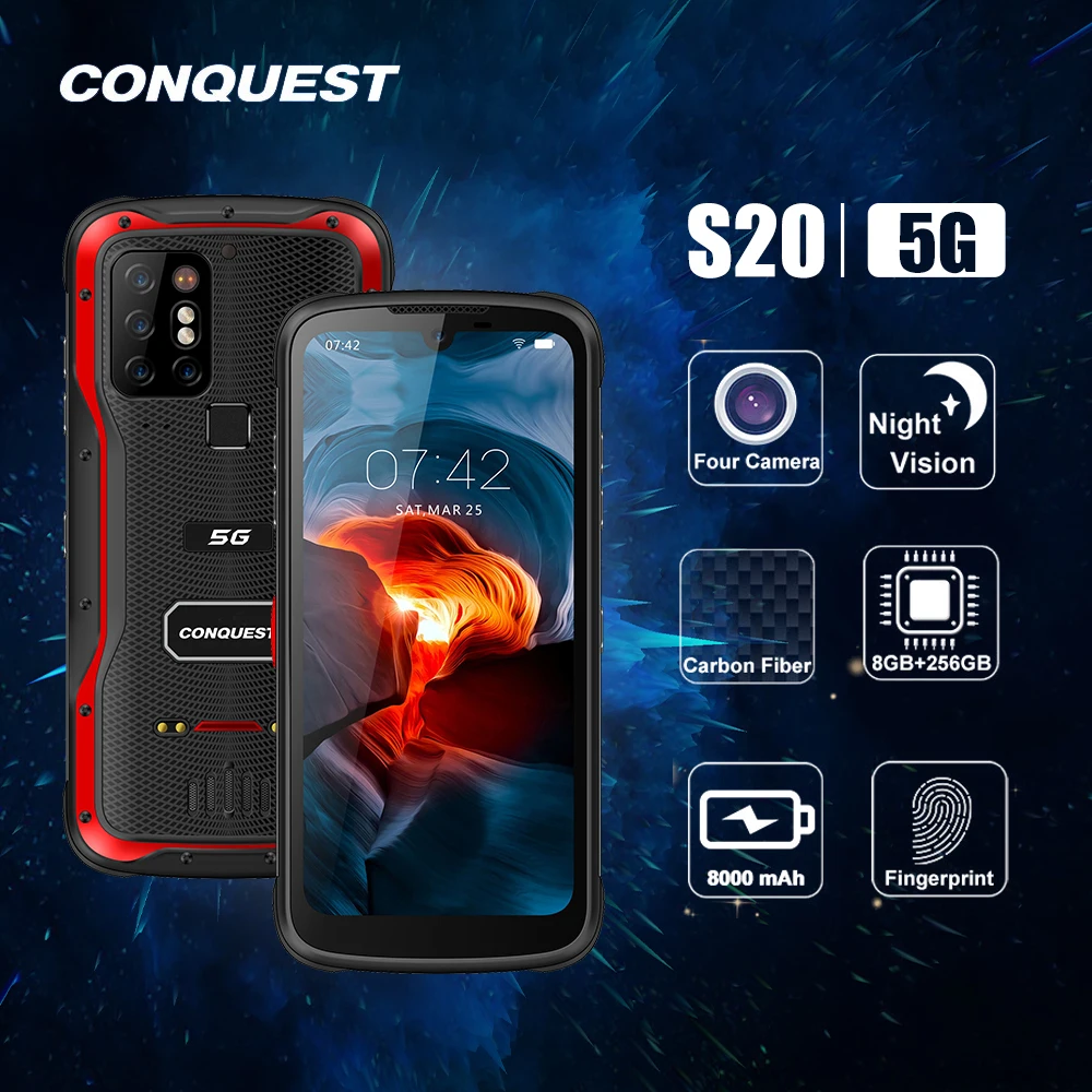 conquest s20 5g global night vision smartphone ip68 waterproof 48mp four camera 8gb ram 128gb 256gb rom 6 3 inch mobile phones free global shipping