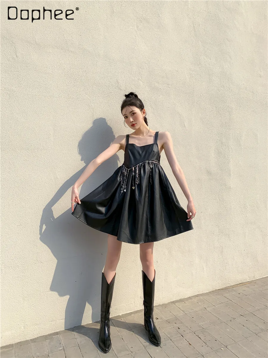 

Новинка весны 2021, женское кожаное платье во французском ретро-стиле с бантом на лямках