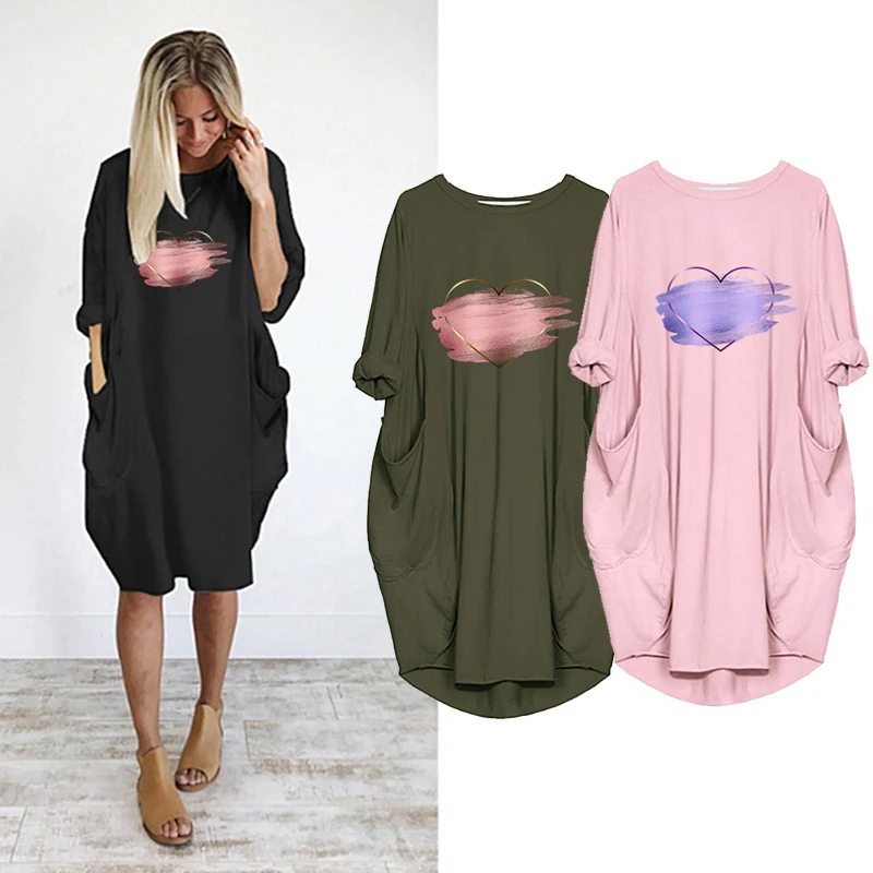 Женское сексуальное платье с принтом сердечек свободные платья карманами