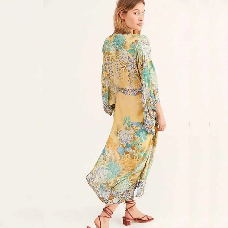 Хлопковое пляжное кимоно женская накидка Пляжная с принтом туника # Q843 | Женская