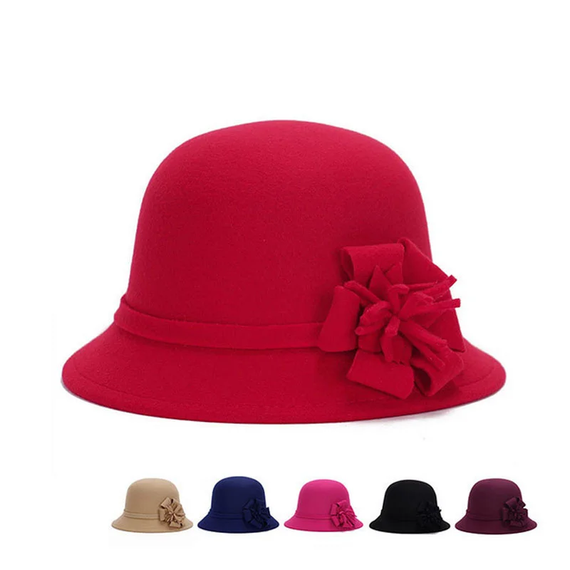

Hot Ladies Women Vintage Imitation Wool Rose Flower Felt Fedora Hat Autumn Winter Cloche Bucket Cap Dome 6 Color