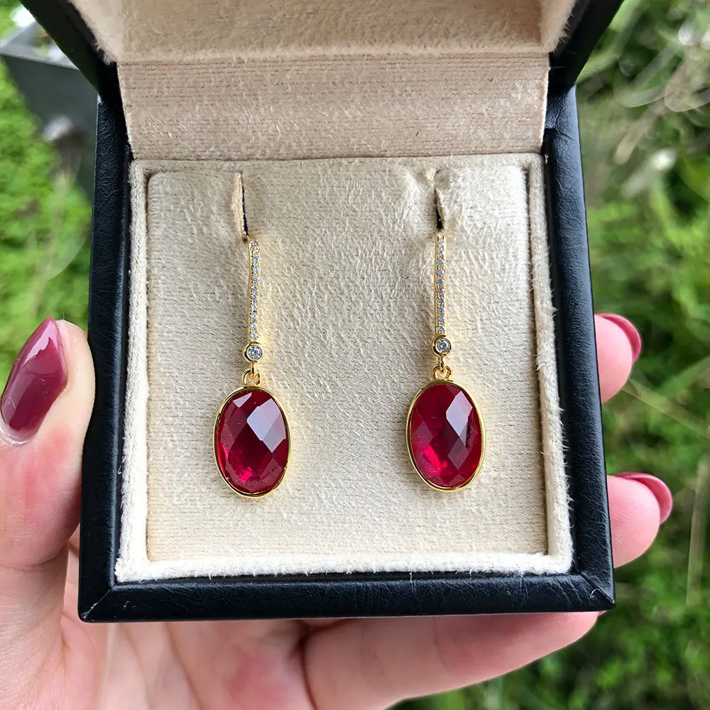 

18K Gold color Vintage oval 7*11 Ruby Gemstone dangle drop earrings for women 925 sterling silver Anniversary Christmas gift