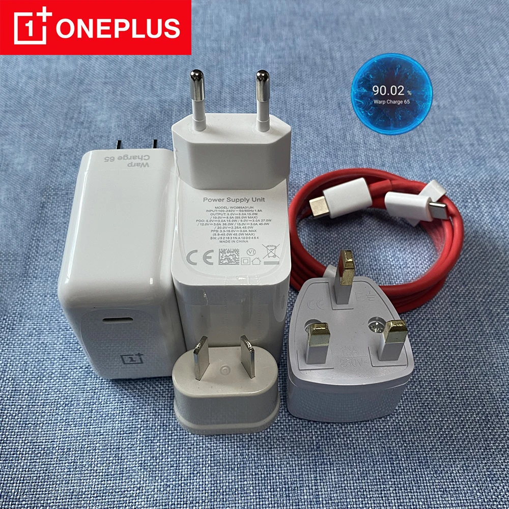 Оригинальный Oneplus Warp Charge 65 Вт EU AU US UK Plug быстрое зарядное устройство Type C к USB кабель