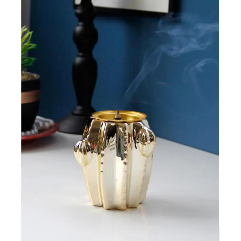 

Cactus Golden Incense Burner Cactus Shape Ceramics Incense Holder Christmas Gift Creative Home Decoration Desktop Decoration