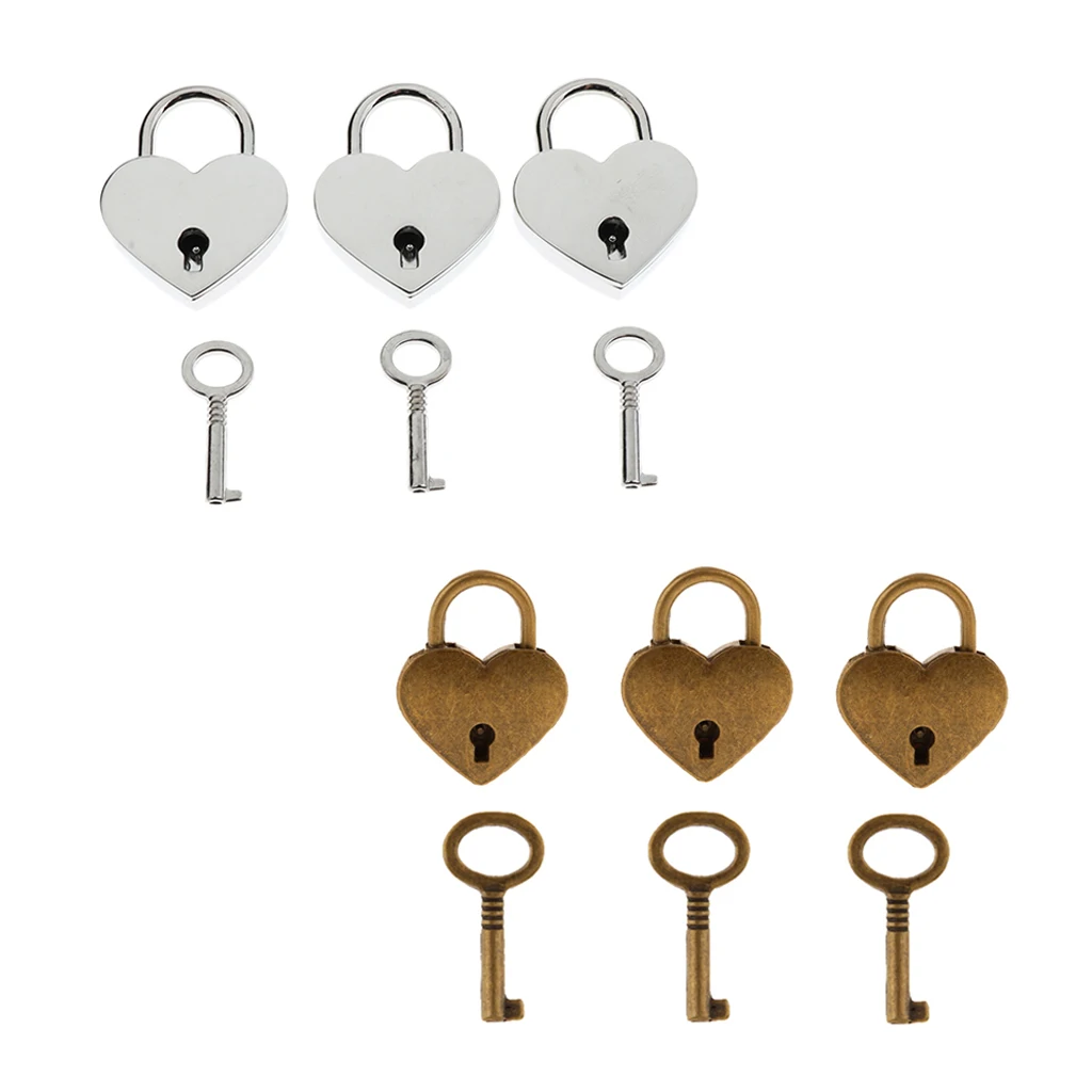 6x Mini навесной замок в форме сердца с 6 клавишами для чемодана серебро и античная