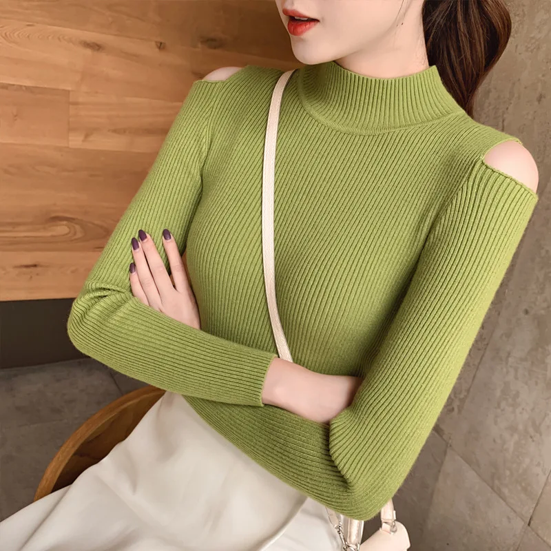 

New Autumn and Winter Half-high-collar Sweaters Show-shoulder Pullover/Long Sleeve Bottom Blouse Knitted Woman's Sweater
