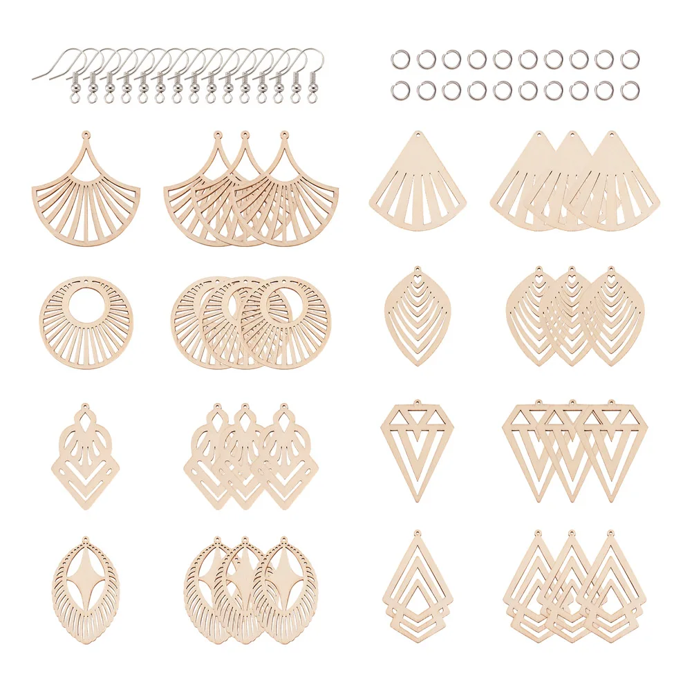 

DIY 40 Pairs 8 Styles Undyed Natural Wooden Earring Making Kits with Laser Cut Shapes Wood Big Pendant Earring HooksJump Rings