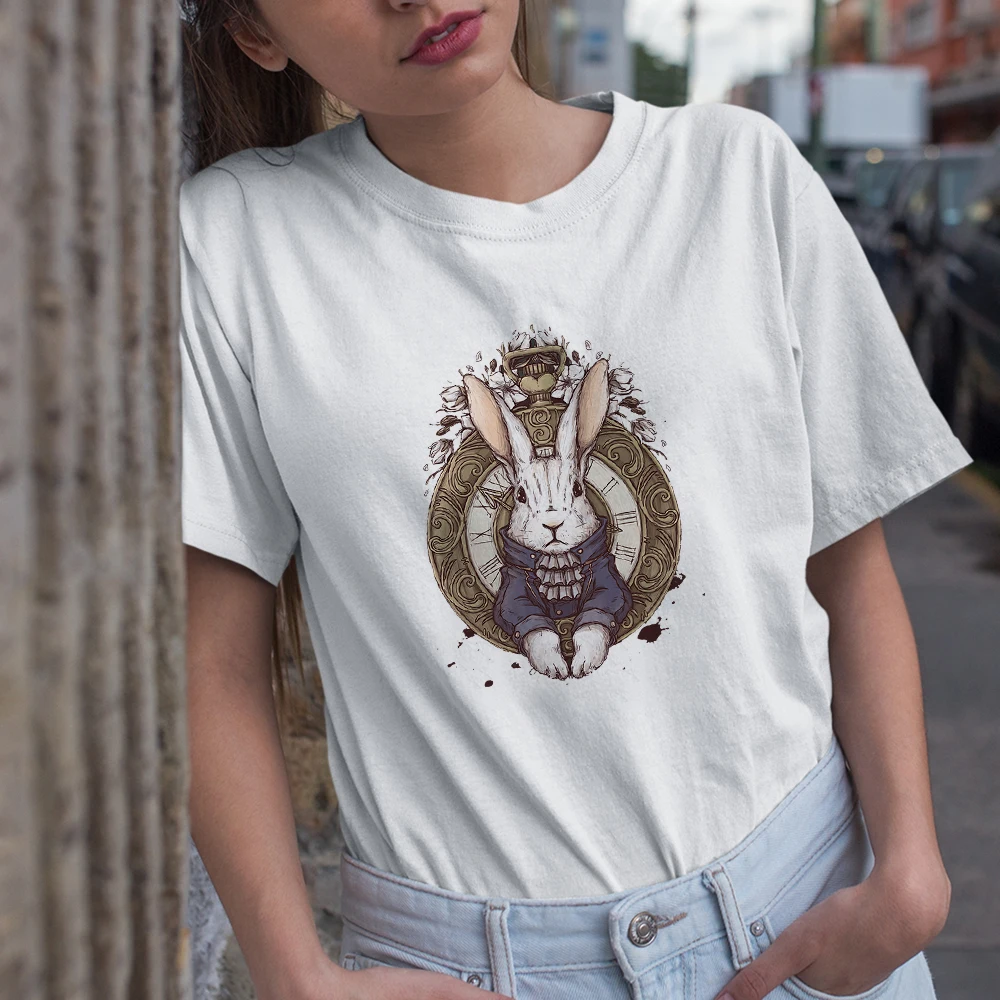 Cute March Rabbit T-Shirts Women Basic Focus On Time Tshirt Clothing Comfy Cartoon Disney Fashion Alice in Wonderland Tee Shirt