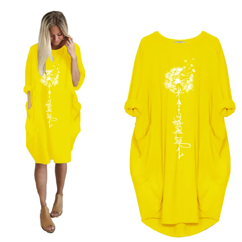 

Women's Midi Dress Dandelion Print Long Sleeve Round Collar Pockets Casual Loose Femme Vintage Woman Robe Dresses Mujer Sundress