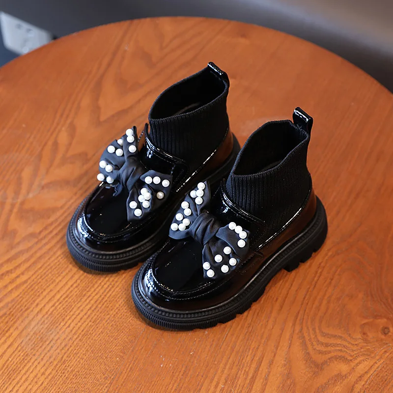 

New Socks Shoes Soft Sole Black Leather Shoes 2022 Autumn Girls Princess Shoes Children Single Shoes Fashion Bow-knot Sweet