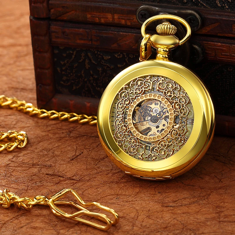 Roman Numeral Luxury Mechanical Pocket Watch Golden Skeleton Case Luminous Dial Male Fob Chain Clock for Men Women Dropshipping