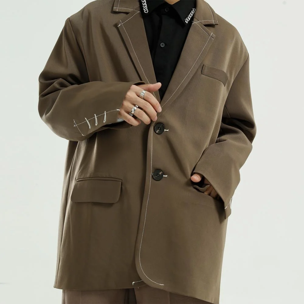 

New Fall Spring Ins Contrast Color Stitch Casual Suit Men Loose All Match Coat Design Sense Overcoat BF Style For Girl