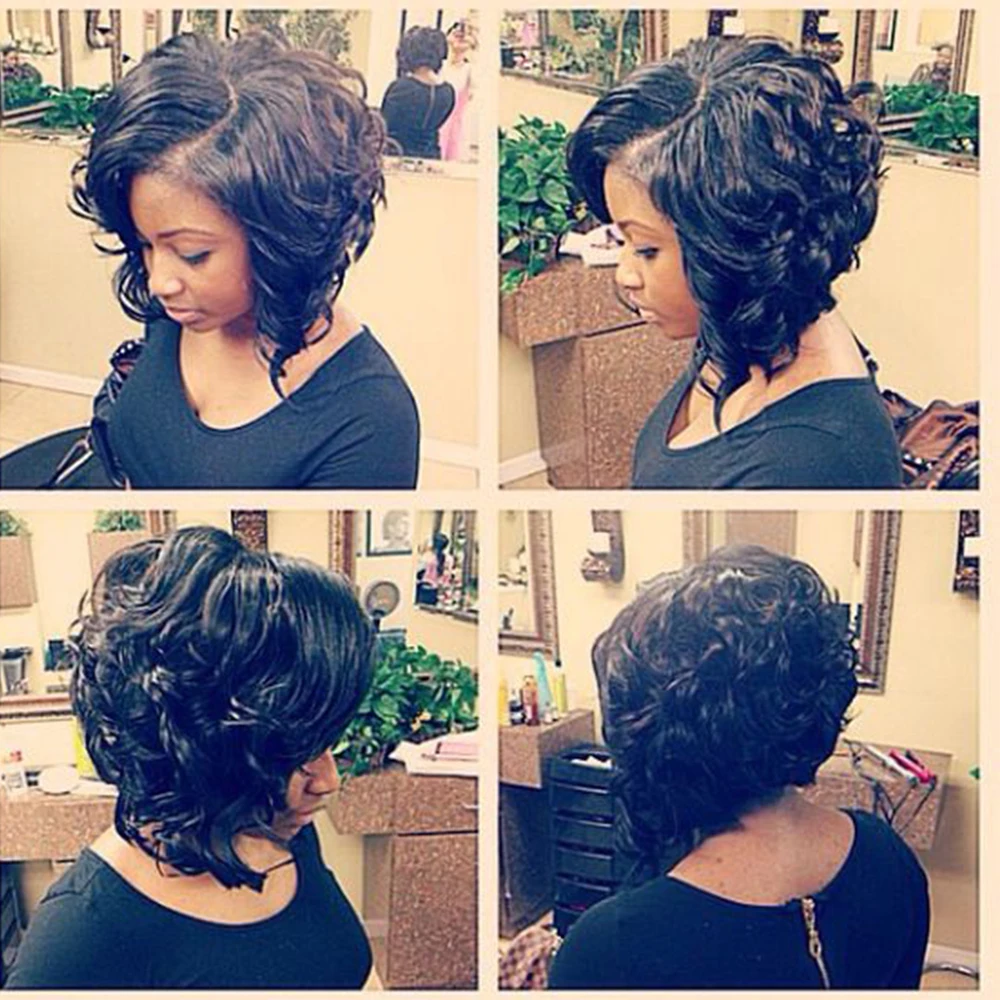 Вьющиеся парики синтетические для черных женщин короткий боб парик с челкой Glueless