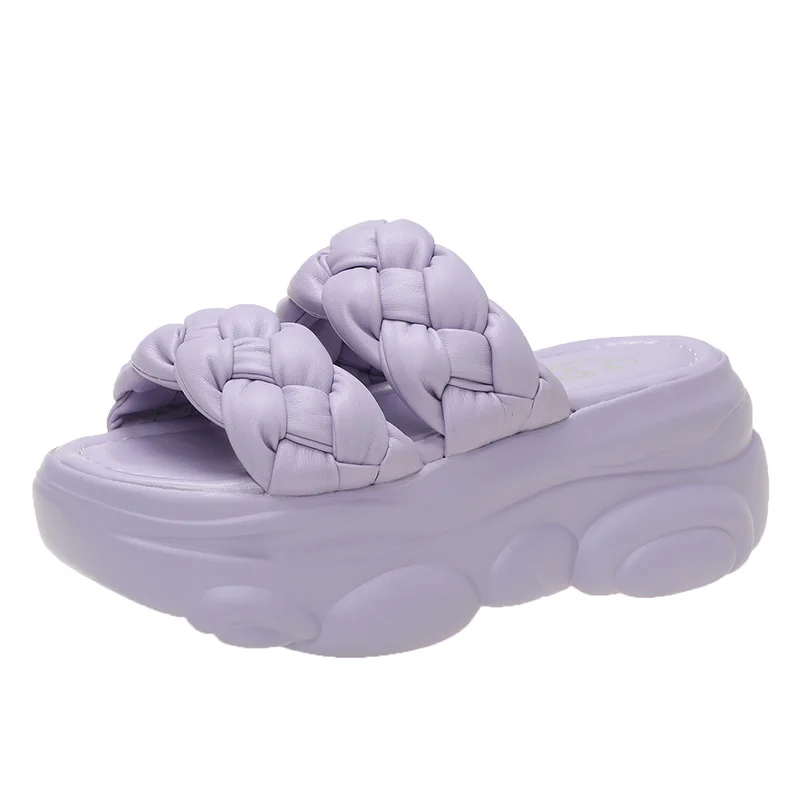 

Slope heel sandals and slippers women's 2021 summer new Korean fashion woven lazy shoes half-drag platform high-heeled sandals