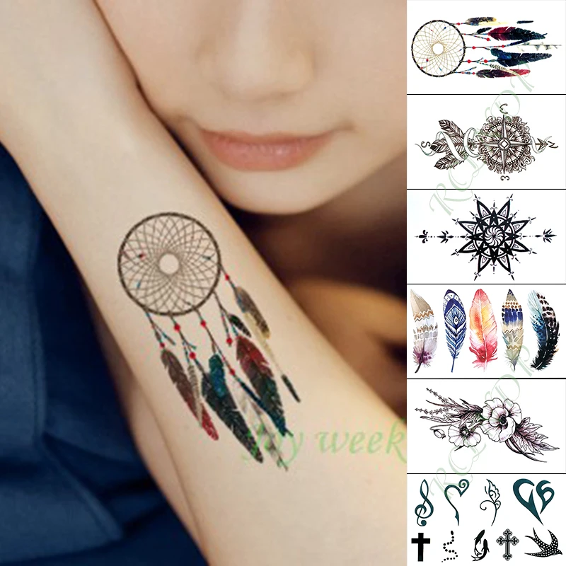 Waterproof Temporary Tattoo Sticker Dream Weaving Beautiful Feather Fake Tatto Hand Arm Foot Flash Tatoo for Kid Girl Men Women | Красота и