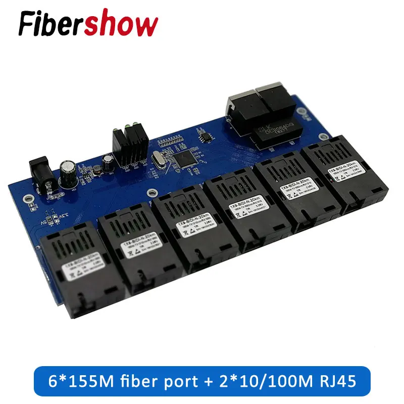 

2 RJ45 6 155M SC fiber Port Fast Ethernet switch Converter 20KM Ethernet Fiber Optical Media Converter 10/100M PCBA