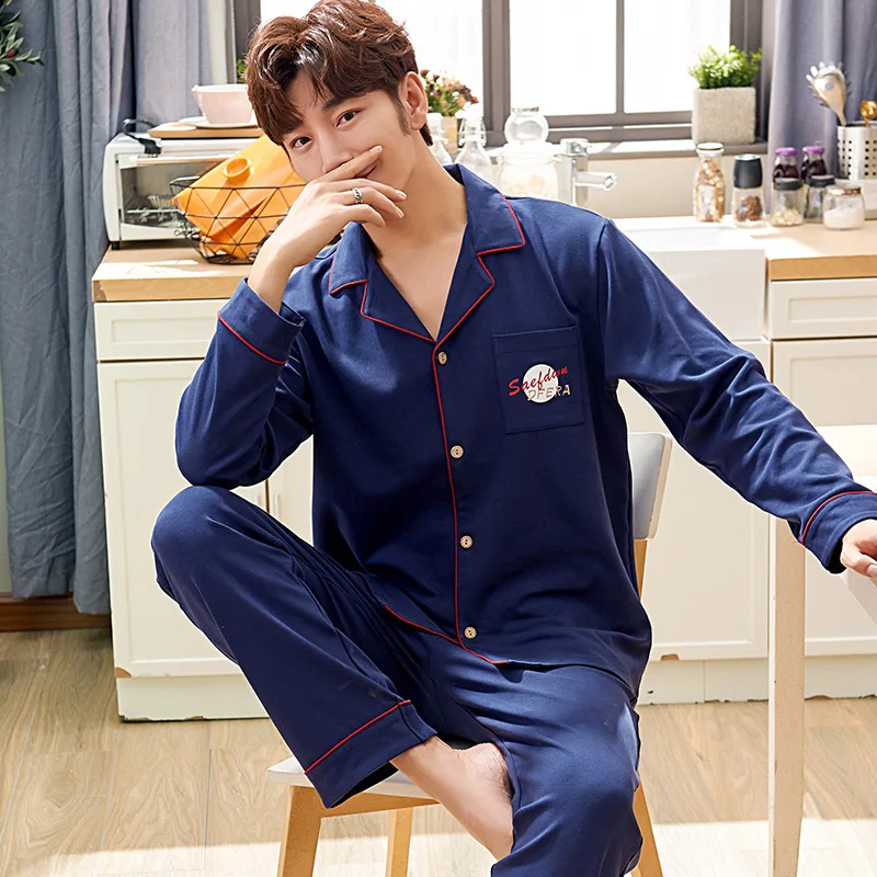 

Pajamas Spring Autumn Cotton Long-Sleeved Men'S Lapel Cardigan Casual Simple Two-Piece Suit Winter Pijama Sleepwear Пижама