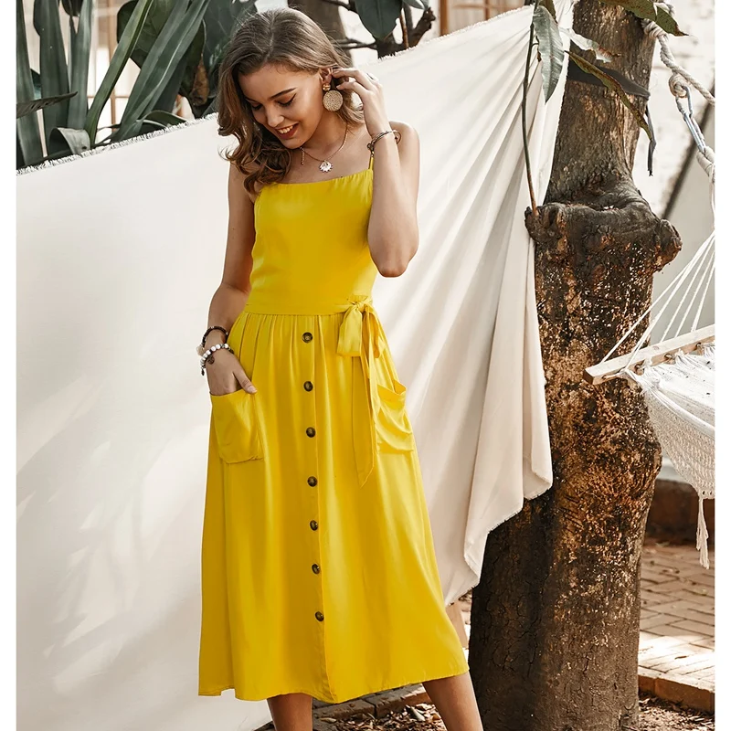 Женский сарафан миди без рукавов с открытой спиной и пуговицами|Женские платья| |