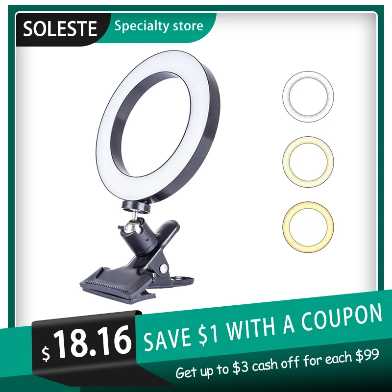 Кольцевой светильник SOLESTE для селфи с USB подсветкой лампа зажимом живой съемки