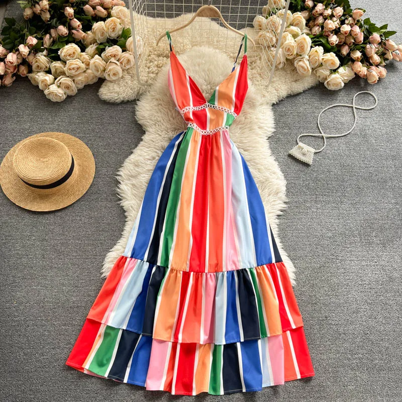 

FTLZZ New Summer Casual Female Patchwork Colorful Beach Dress Sexy Women Spaghetti Strap Backless Long Fairy Dress